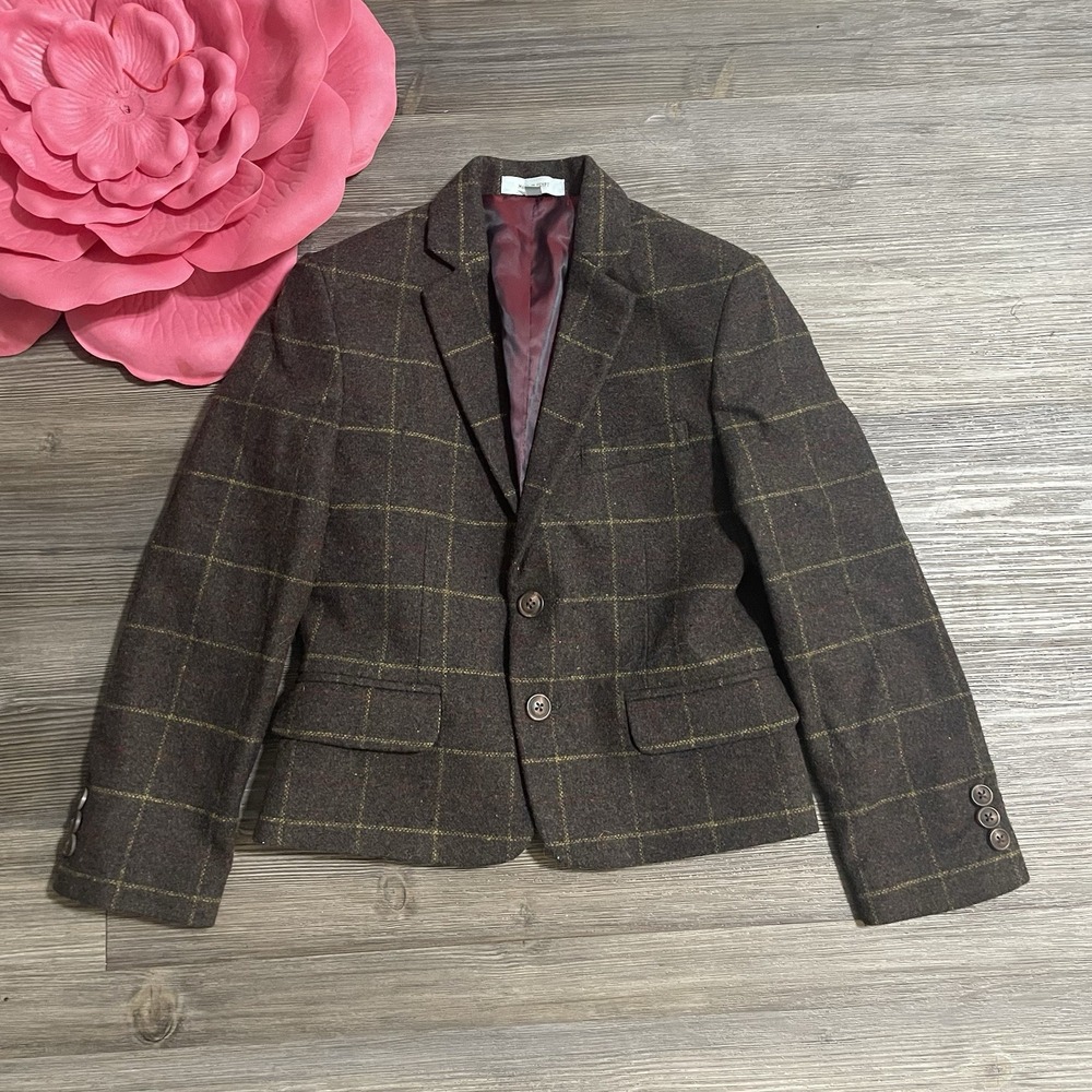 NWT $120 CLASS CLUB Boy's Sz 8 Regular Windowpane Plaid Wool Blend Blazer Brown